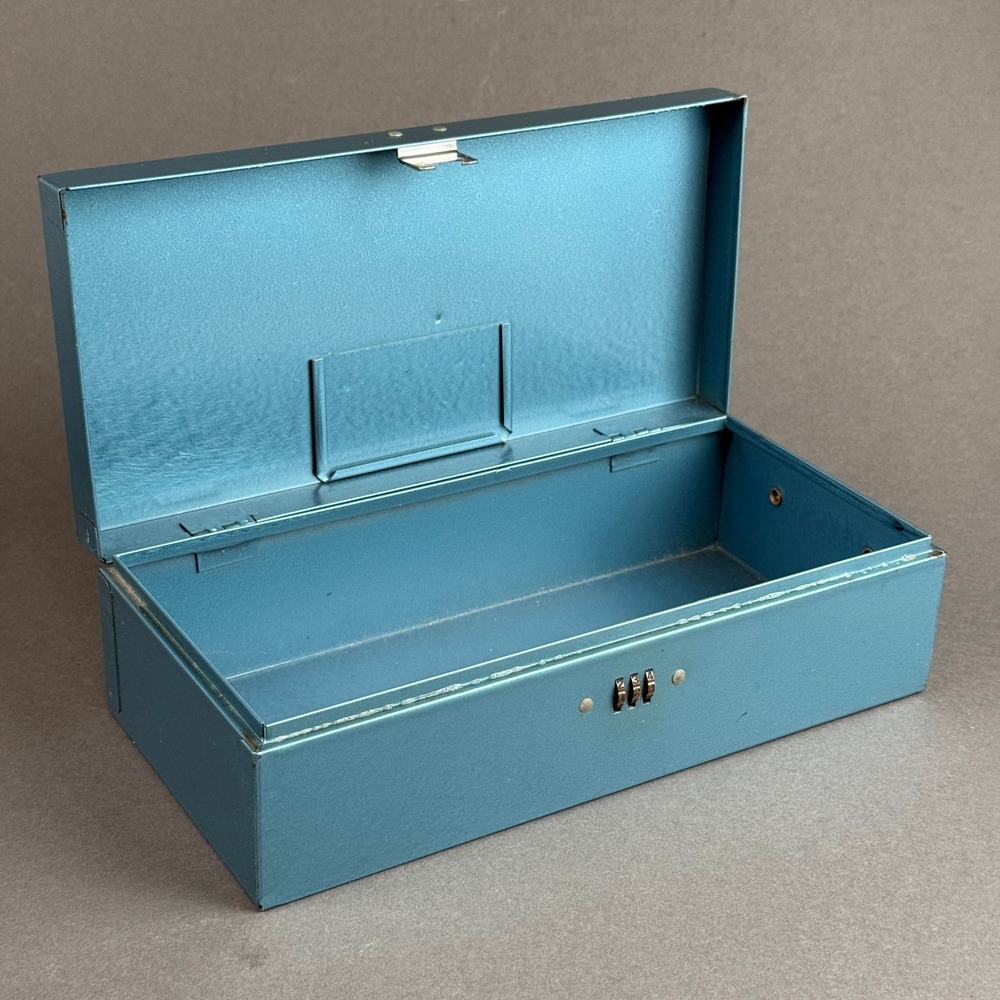 Vintage Metal Cash Box Blue Combination Lock Industrial Storage Box